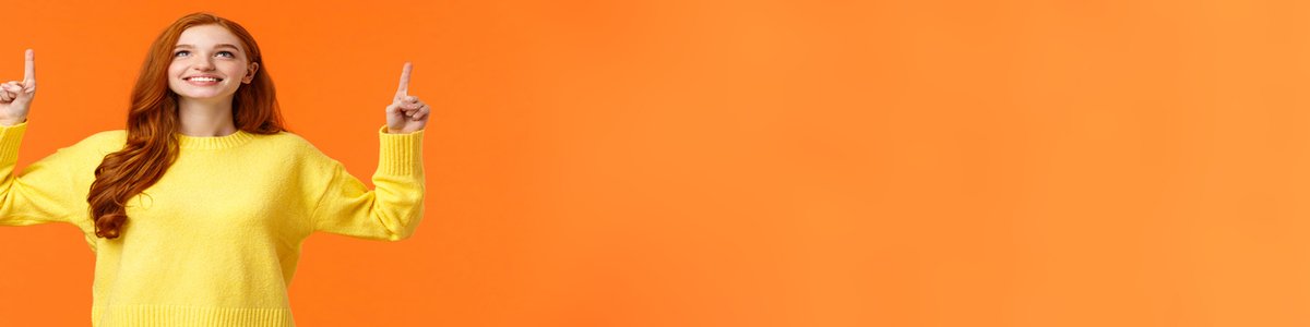 Dreamy happy and upbeat redhead young modern woman gazing up with satisfied smile. Gorgeous girl ginger hair conemplate top advertisement, pointing upwards, standing orange background.